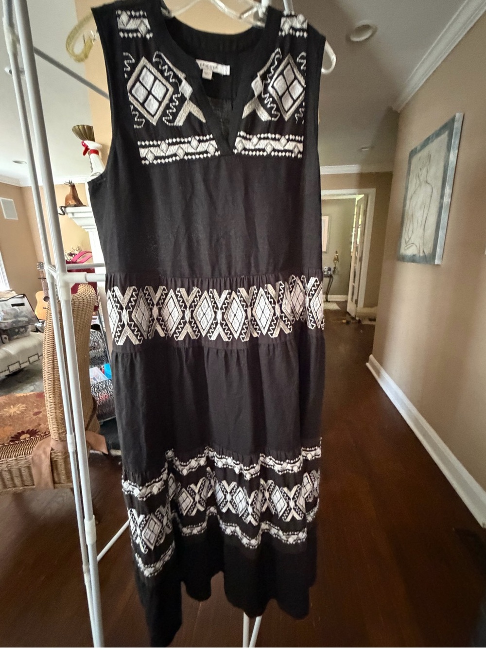 Chico's Black linen  Dress w White-silver & black Embroidered Trim,Ruffled,